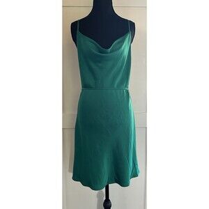 J for Justify Mini Slip Dress Green Satin Draped Cowl Neck Tie Waist Sz S
